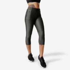 Legging Court Running Respirant Femme - KIPRUN Run 500 Dry Kaki Foncé