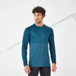 T-SHIRT RUNNING HOMME RESPIRANT MANCHE LONGUE - KIPRUN CARE BLEU PETROLE LTD