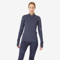 TEE SHIRT RUNNING MANCHES LONGUES HIVER FEMME - KIPRUN WARM LIGHT BLEU
